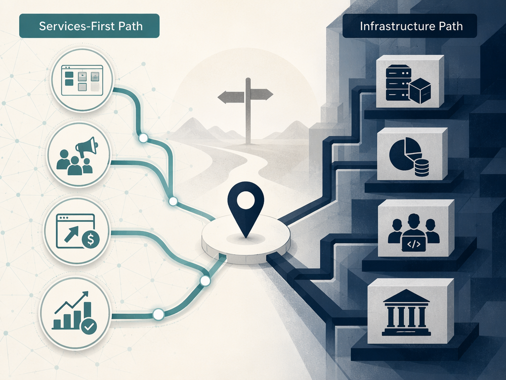 Decision framework showing a services-first AI path and an infrastructure AI path from a central decision point