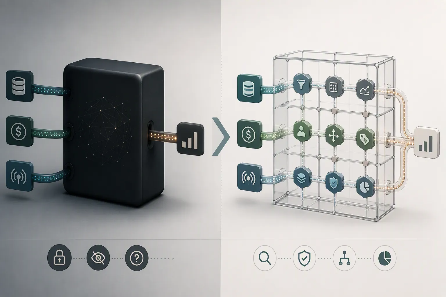 Side-by-side diagram of black-box AI marketing infrastructure and transparent governed AI infrastructure
