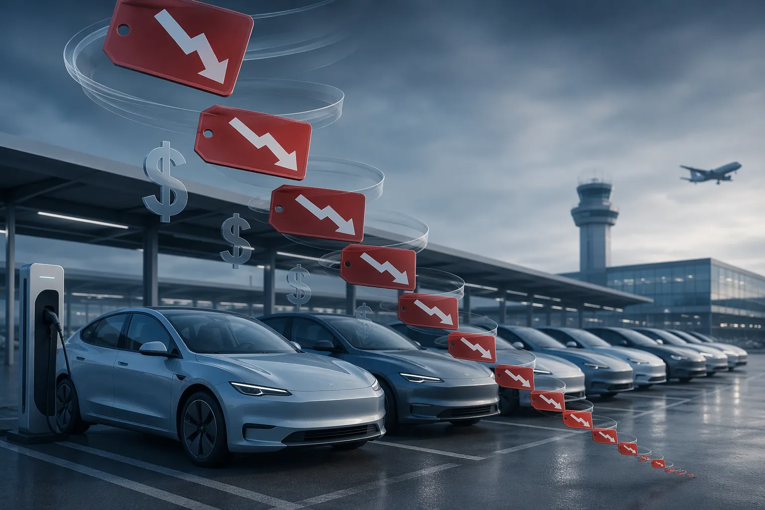 Downward spiral of red discount tags around electric sedans on an airport rental lot