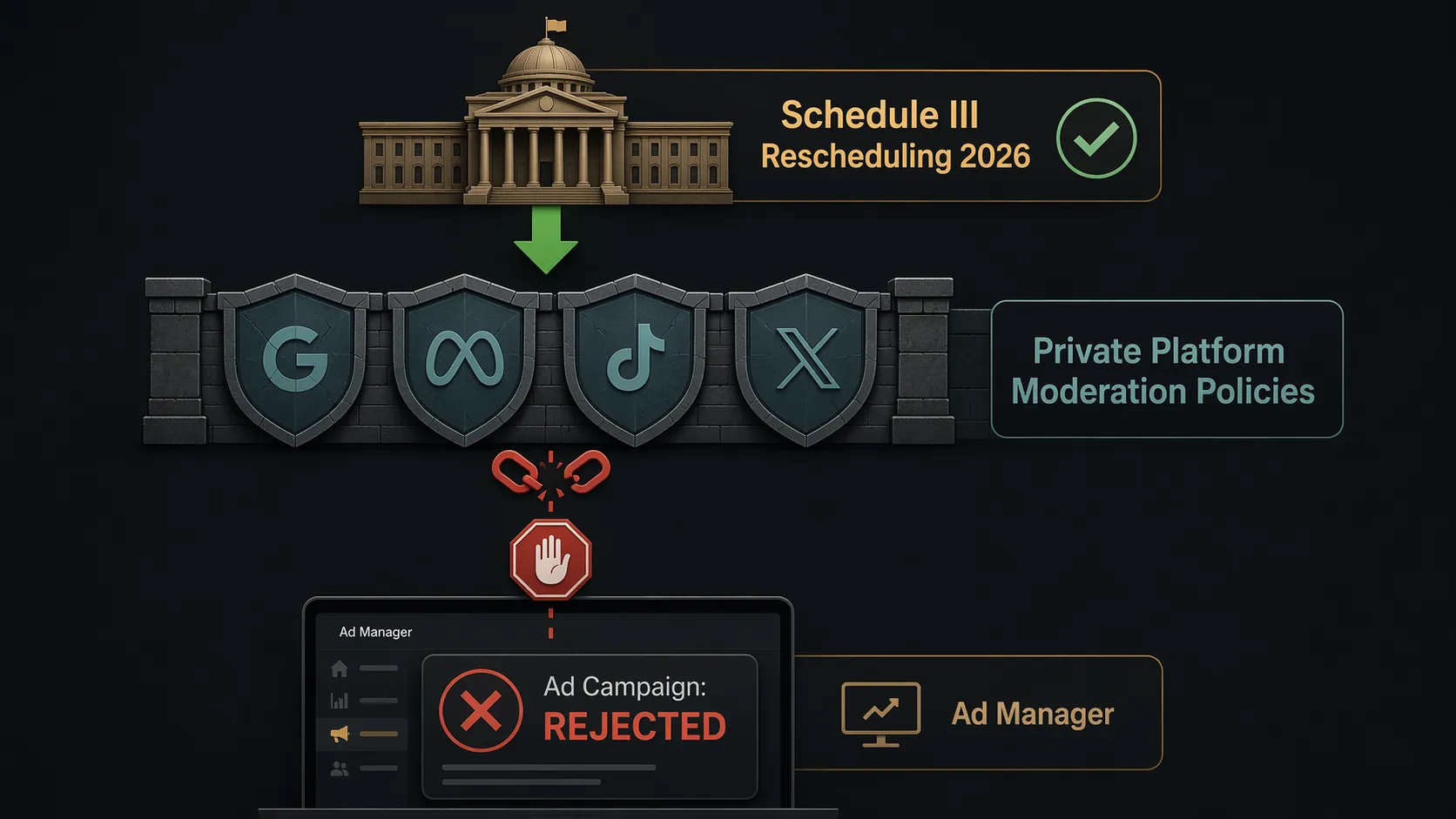 Flowchart showing Schedule III rescheduling blocked by private platform moderation policies before ad approval