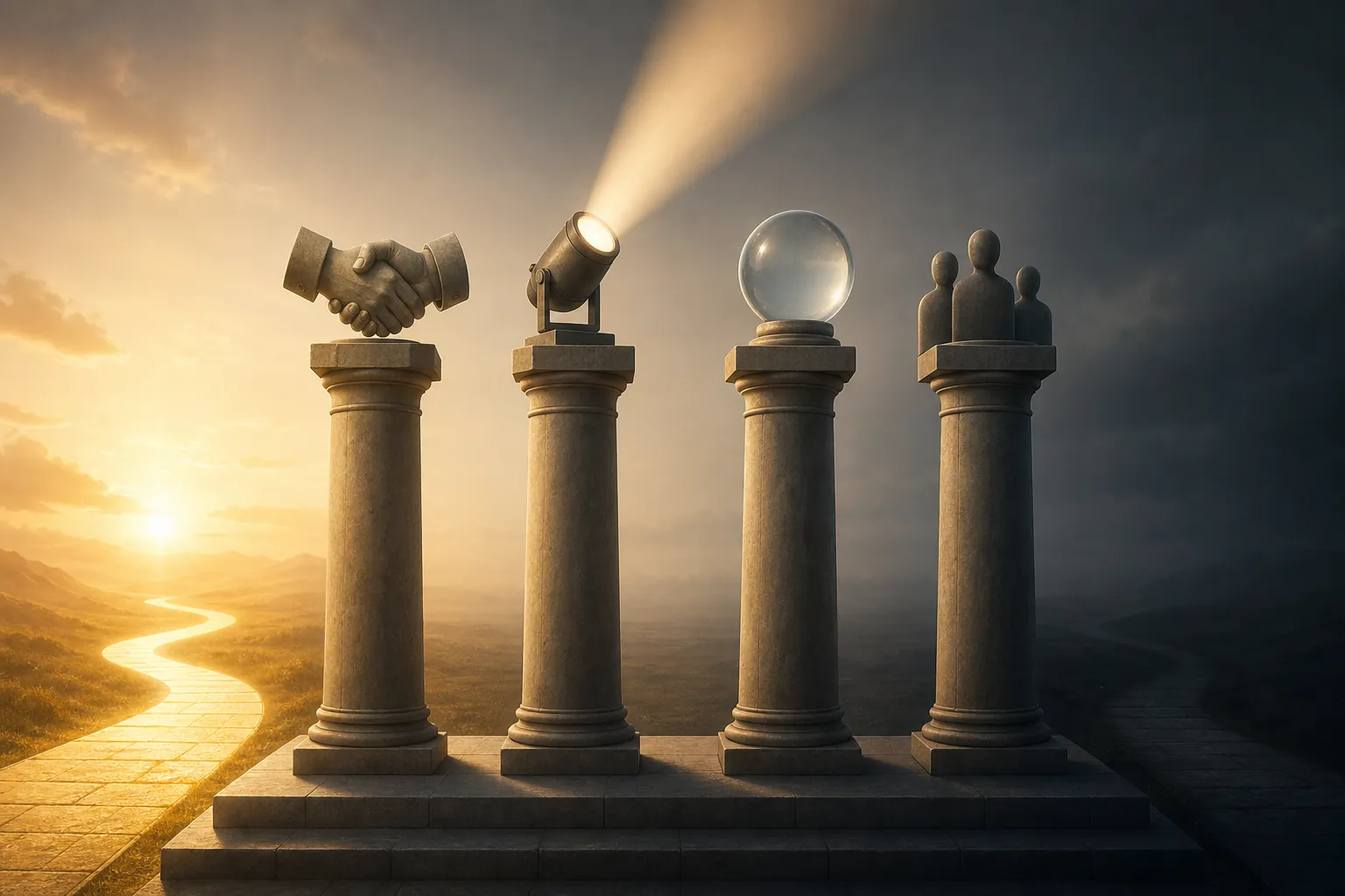 Four checkpoint pillars representing estate consent, role centrality, disclosure transparency, and audience trust