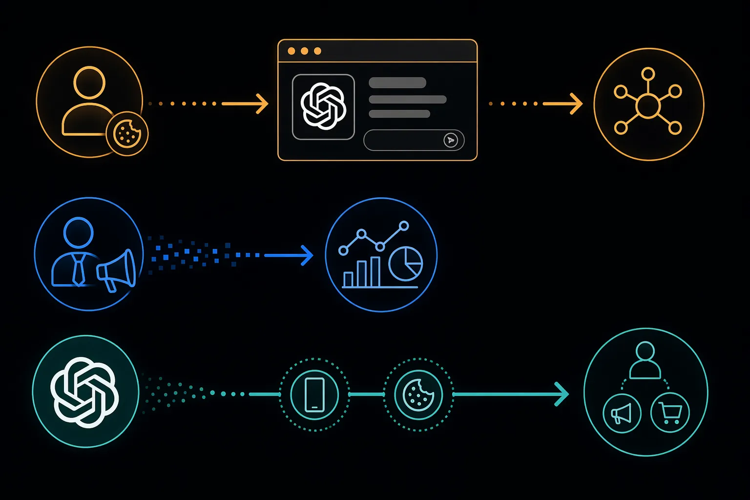Three advertising data flow pathways showing marketing cookies, purchase data, and identifier sharing