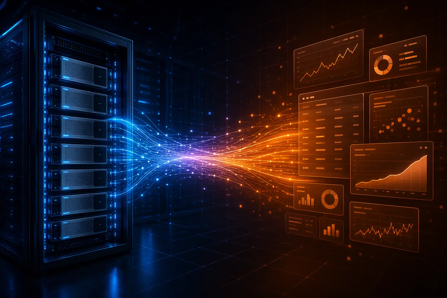 AMD Instinct server racks connected to abstract ad platform auction metrics and performance curves