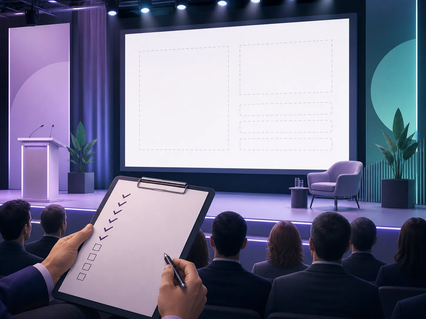 Event stage with a blank measurement screen and a clipboard showing some filled fields and several empty boxes
