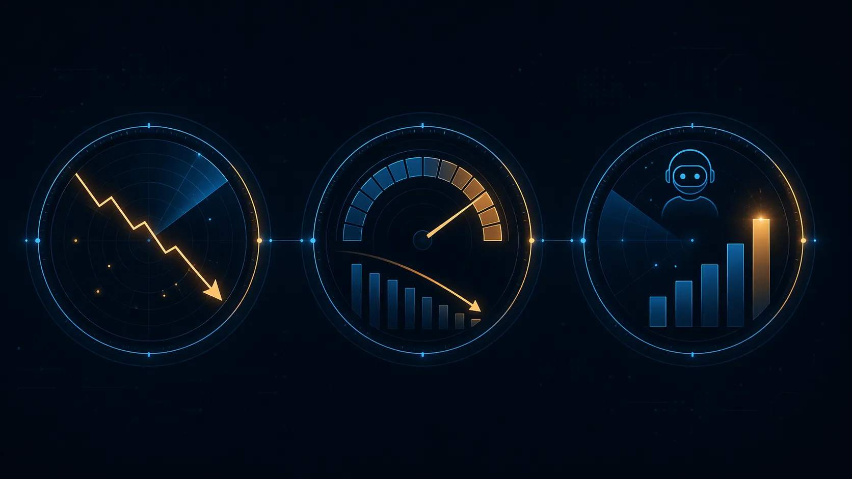 Three dark-mode dashboard signal indicators showing paid CTR decline, CPM compression, and agent-targeted spend growth