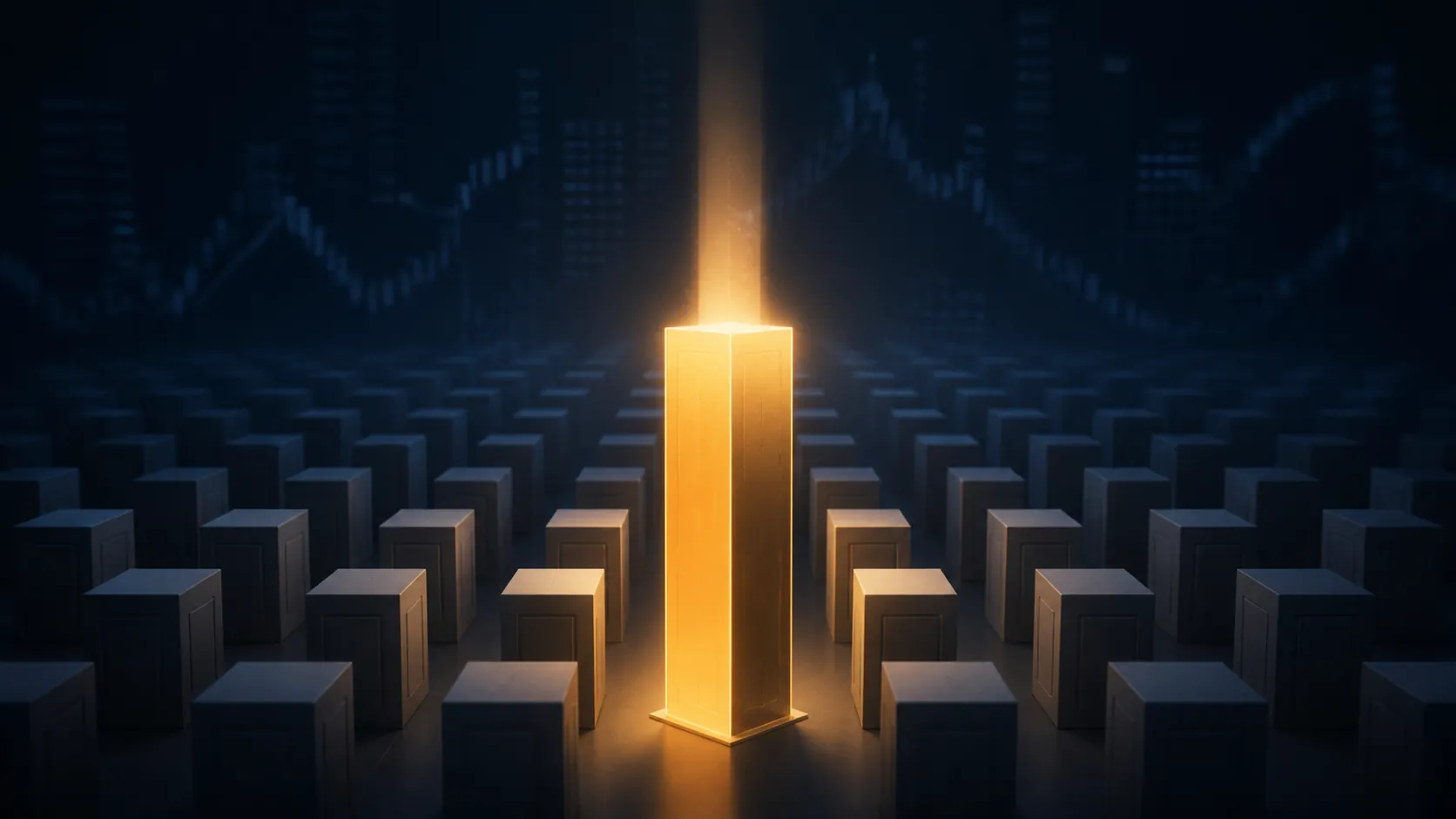 A single amber portfolio column glowing among many dim grey blocks