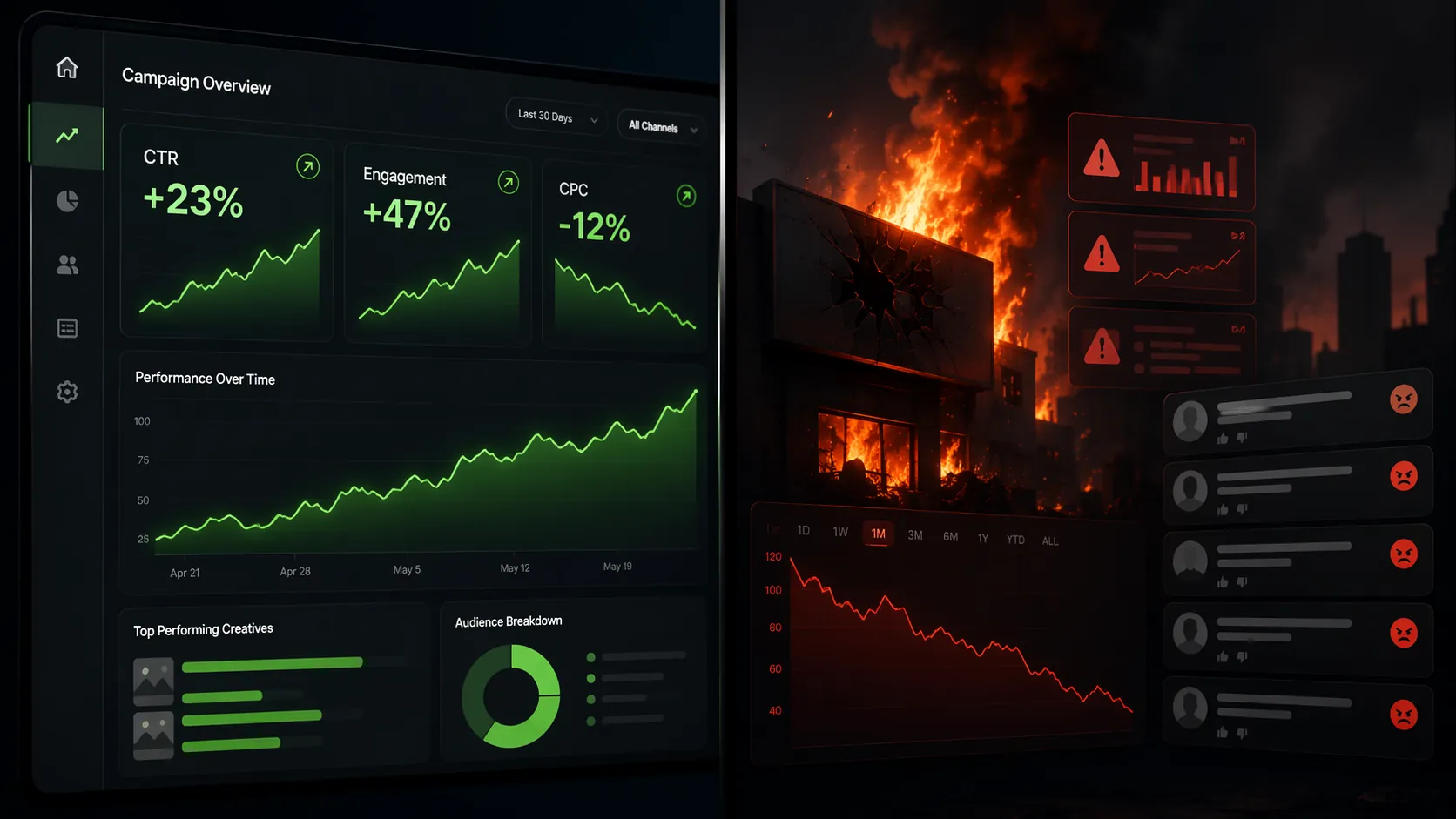 Ad dashboard showing rising engagement while angry comments and a falling stock chart signal a brand crisis