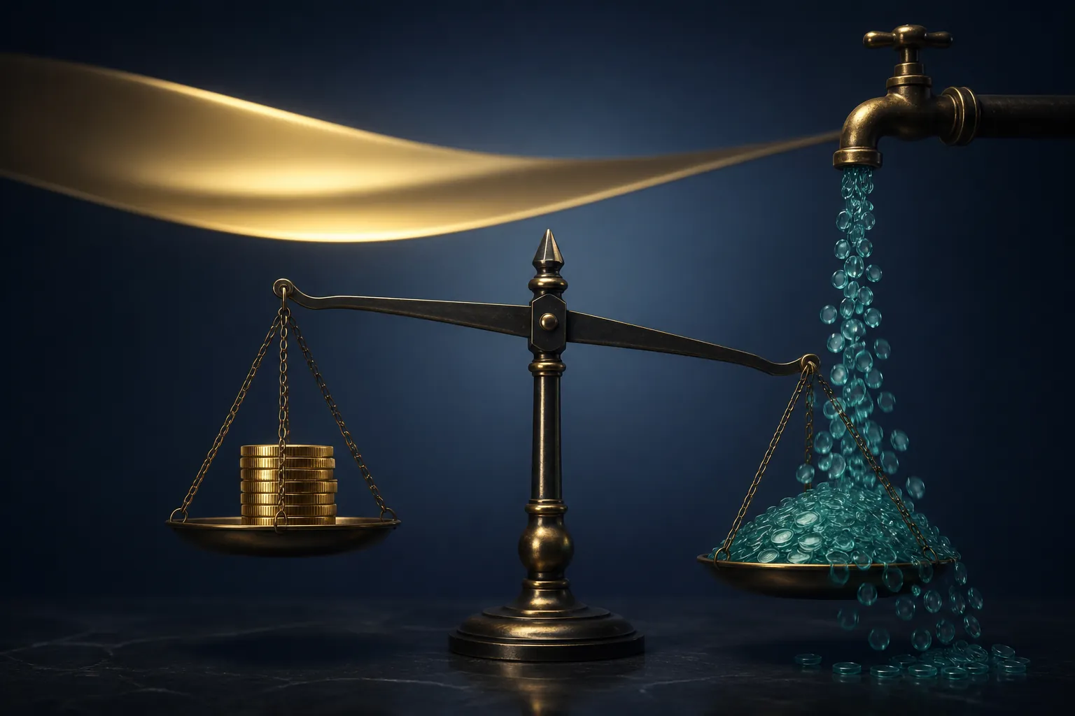 Balance scale comparing coin revenue with a stream of usage tokens