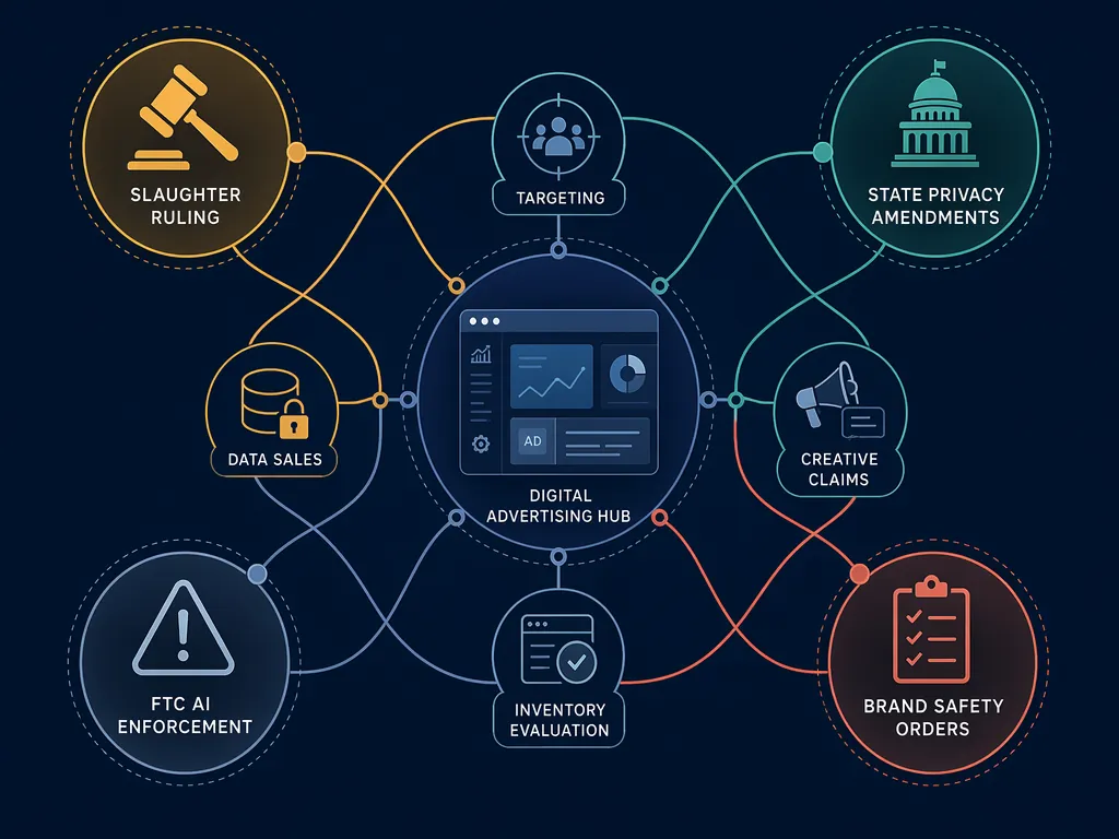 Editorial diagram showing Slaughter ruling, state privacy amendments, FTC AI enforcement, and brand safety orders connected to a central digital advertising hub