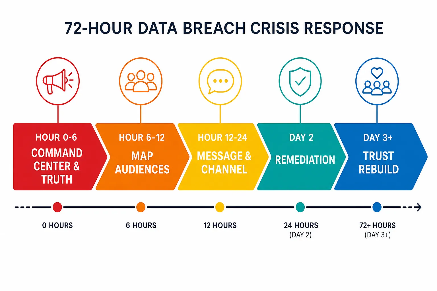 Five-phase data breach crisis response timeline from hour 0-6 through day 3 and beyond