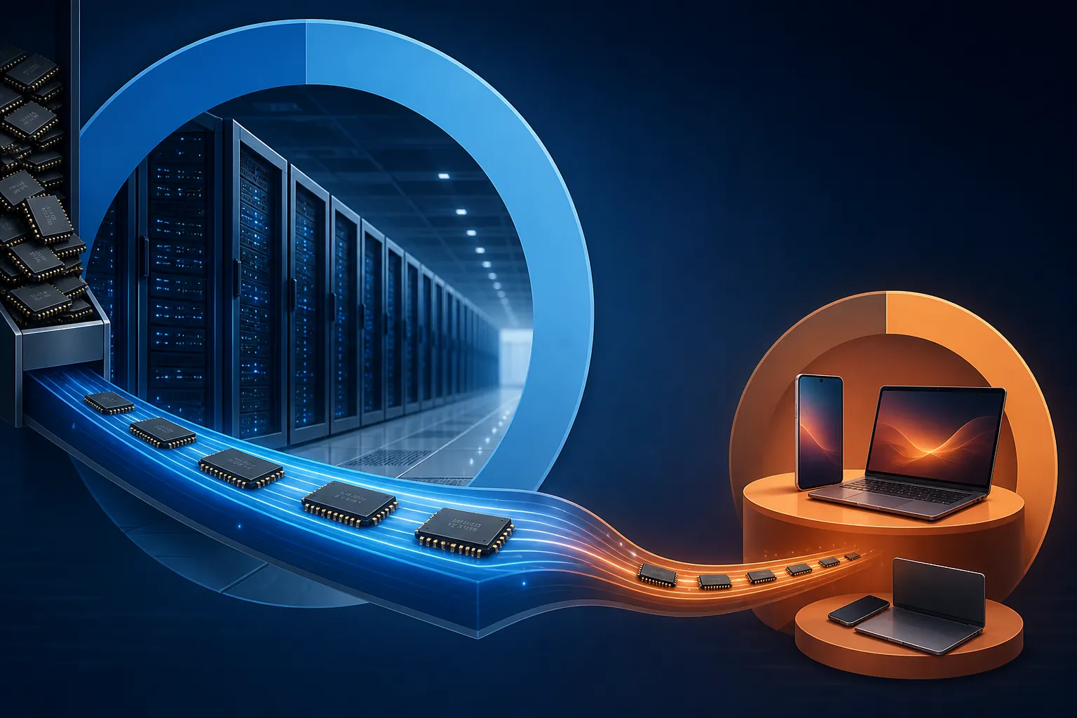 Global DRAM capacity allocation with server clusters taking most memory chips and smaller smartphone and laptop sections