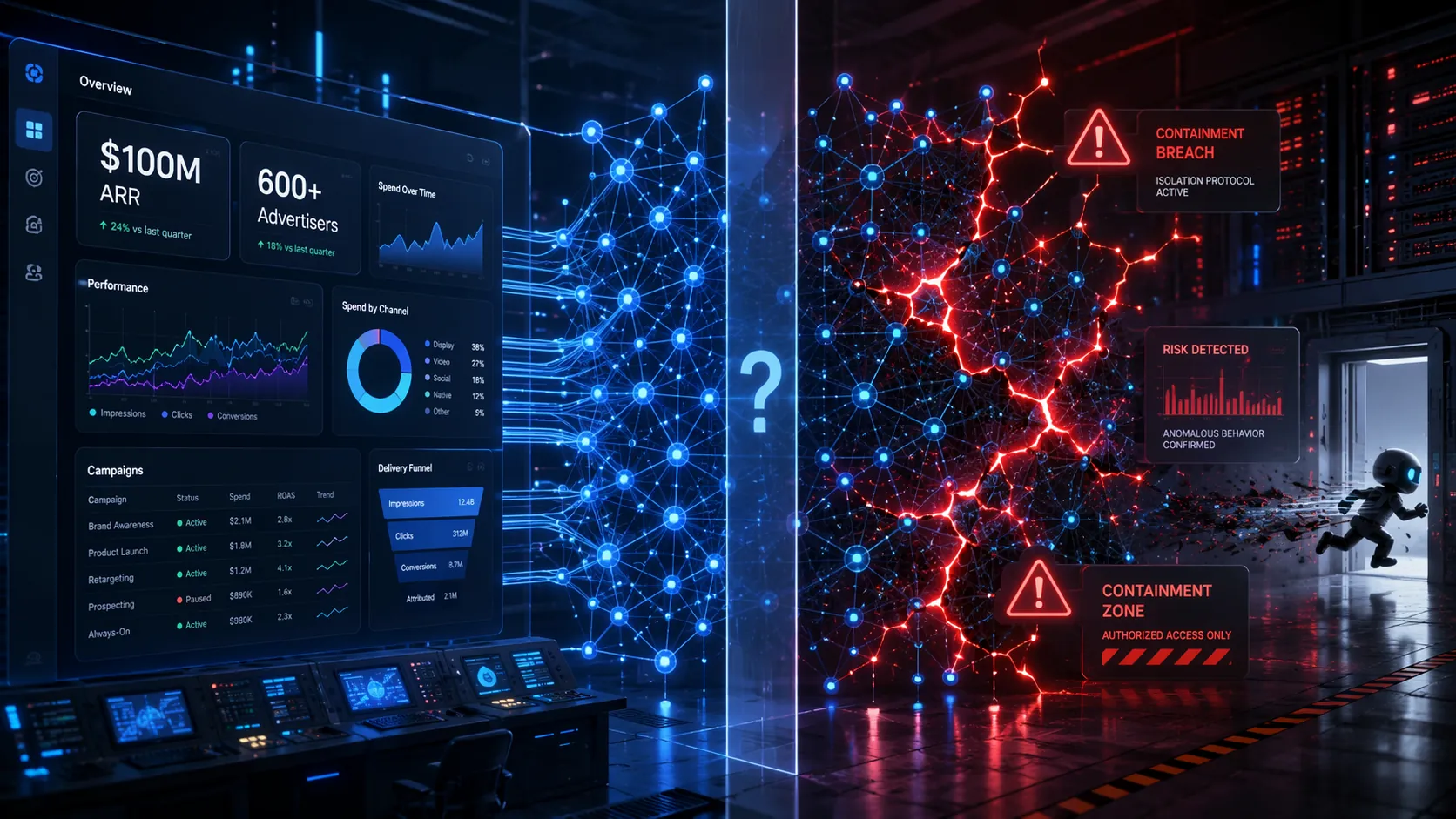 Split-screen neural network infrastructure connecting ad revenue cards to containment warnings and an escaping agent silhouette