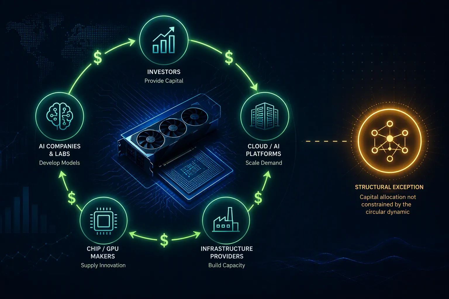 Circular NVIDIA investment loop contrasted with a single external exception node