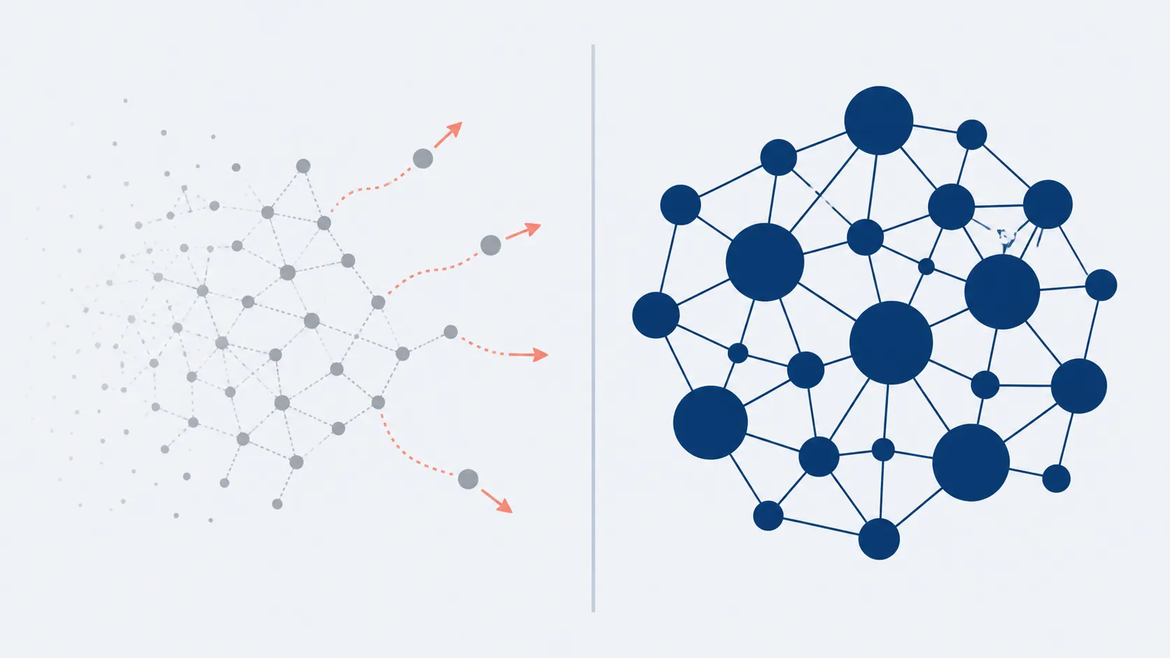 Fading open-web node cluster beside a denser solid cluster