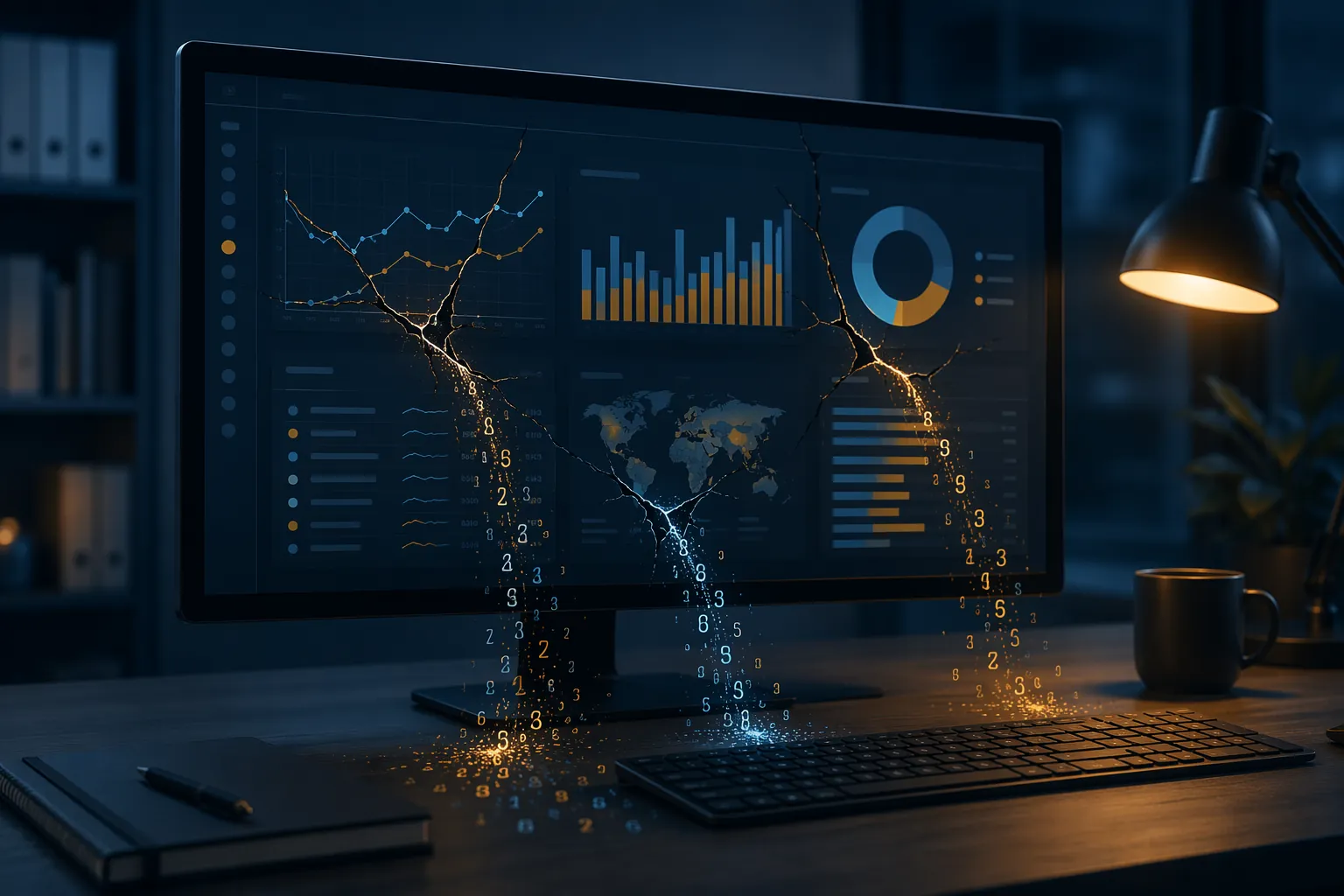 Dark digital advertising dashboard with three crack lines spreading through draining performance metrics