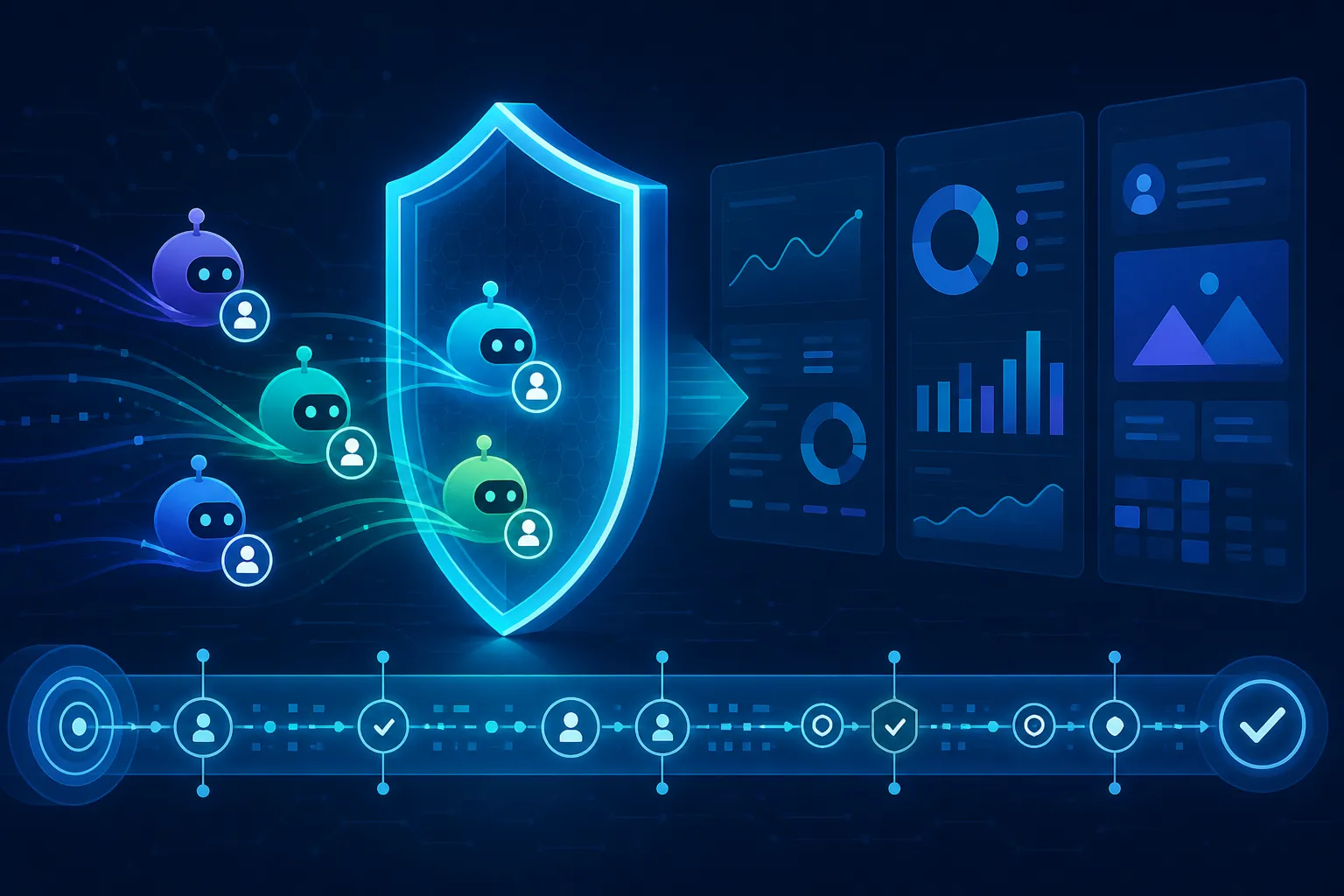 AI agent nodes with identity badges passing through a gateway toward ad dashboards and an audit log
