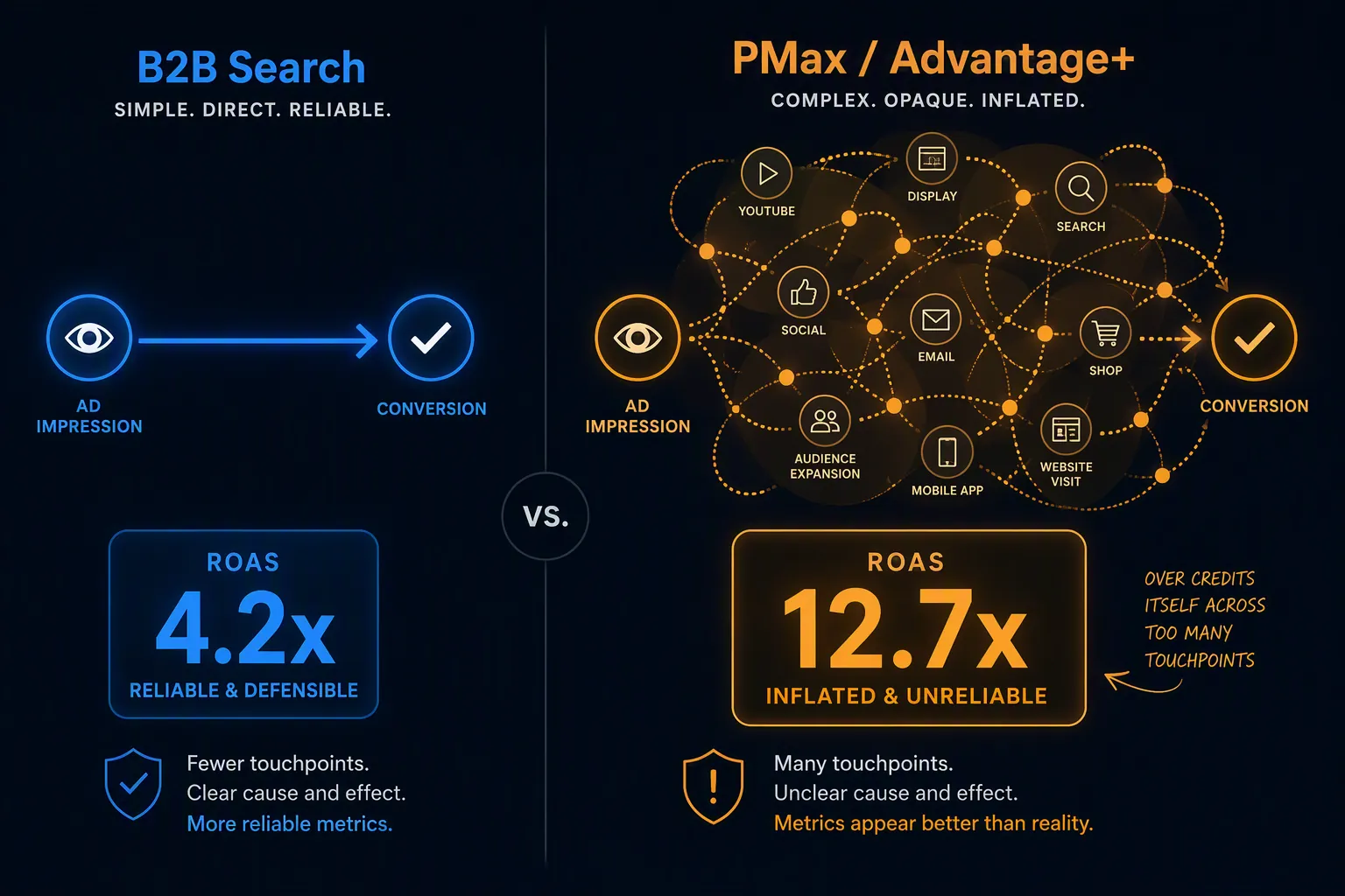 Comparison of a simple B2B Search conversion path and a tangled PMax or Advantage Plus attribution path