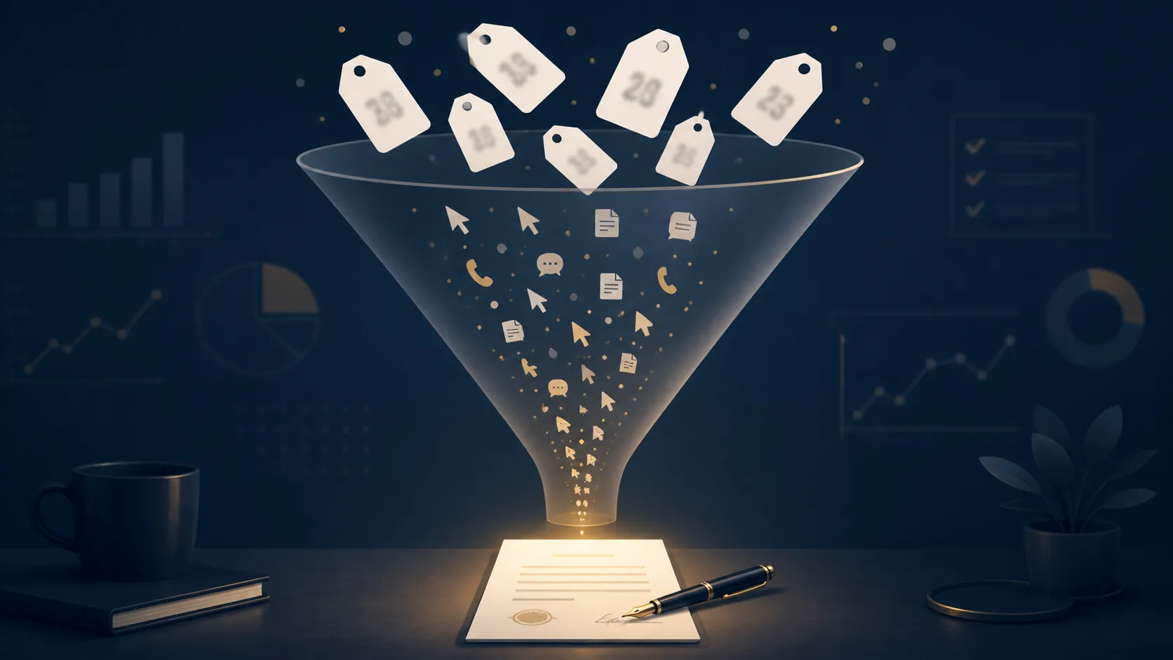Illustration of price tags moving through a legal marketing funnel toward a signed contract