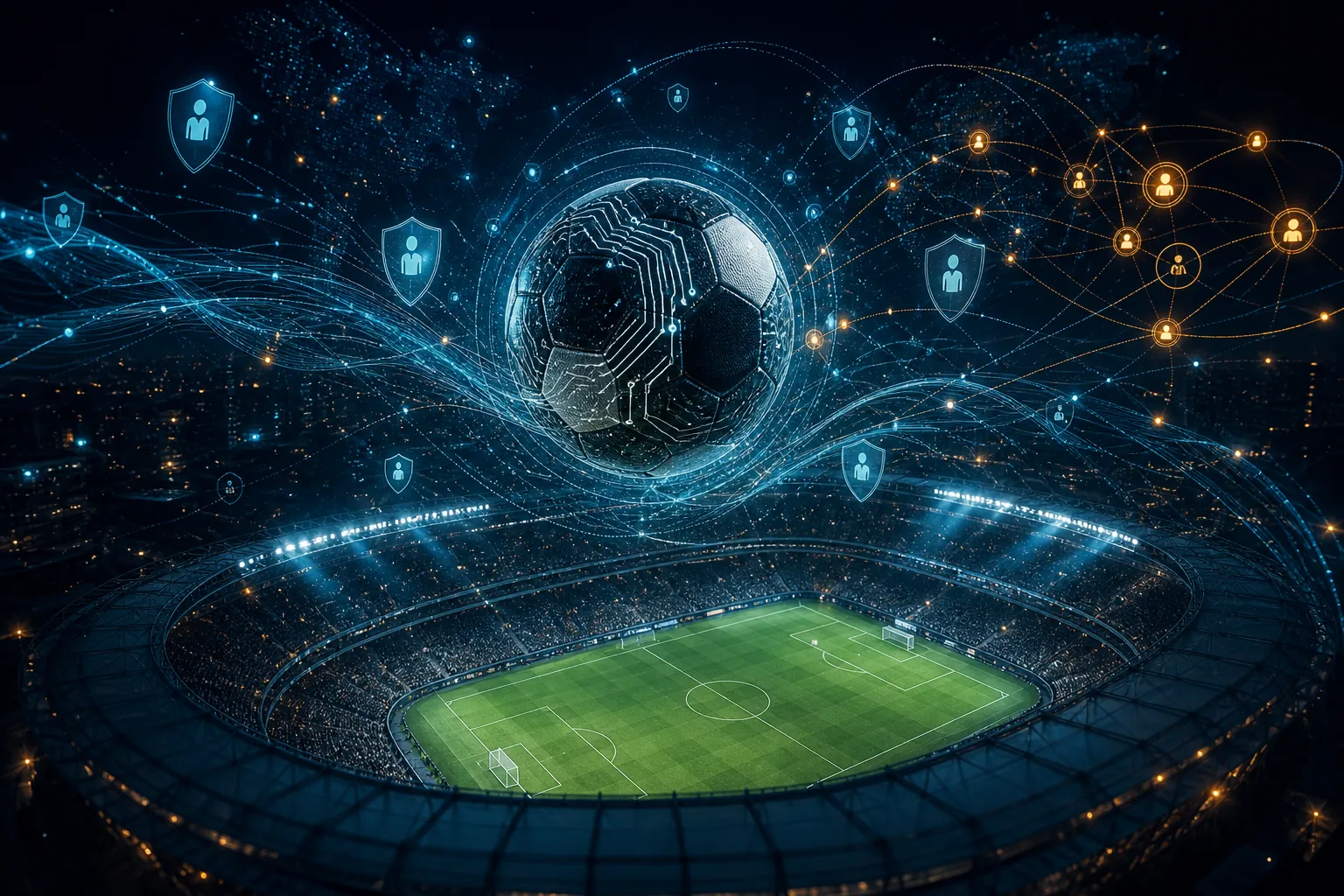 Floodlit football stadium overlaid with data streams, safety symbols, and auction nodes