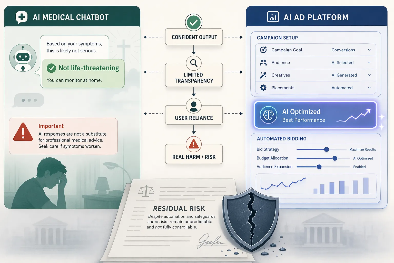 Split illustration connecting a confident medical chatbot interface with an automated ad platform dashboard