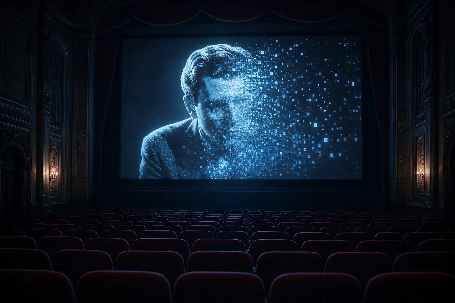 Classic movie theater with an actor silhouette dissolving into digital particles on screen