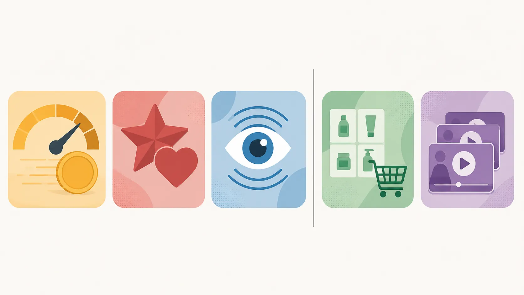 Five tiles comparing production efficiency, brand effectiveness, earned attention, image-level direct response, and volume personalization