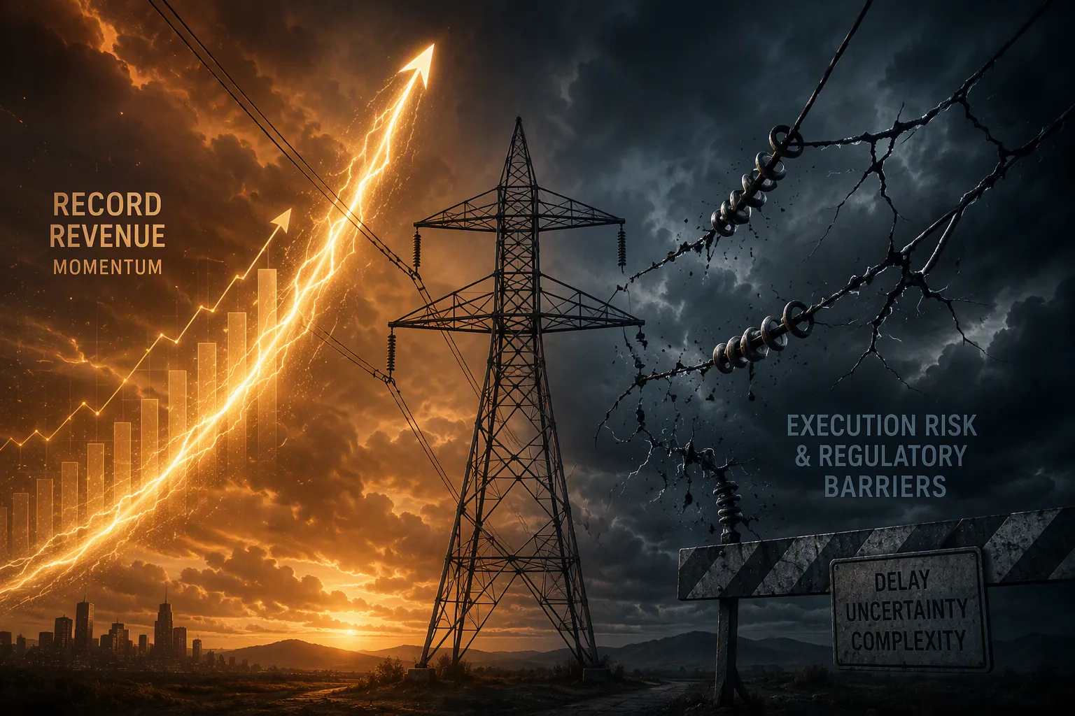 Power transmission tower split between surging energy momentum and cracked interrupted power lines
