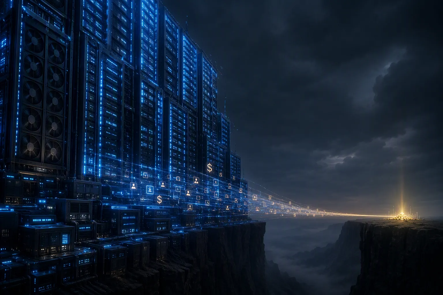 GPU servers and data center buildings contrasted with a thin stream of direct AI revenue and ad-auction cost signals