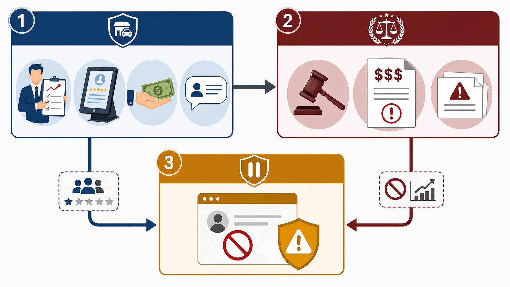Compliance risk map connecting banned review tactics, FTC enforcement, and a paused Google Ads account