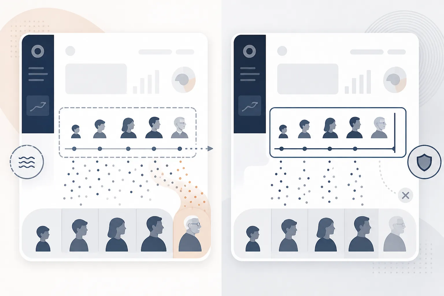 Two abstract dashboard panels contrasting a suggested age filter with a stricter audience boundary