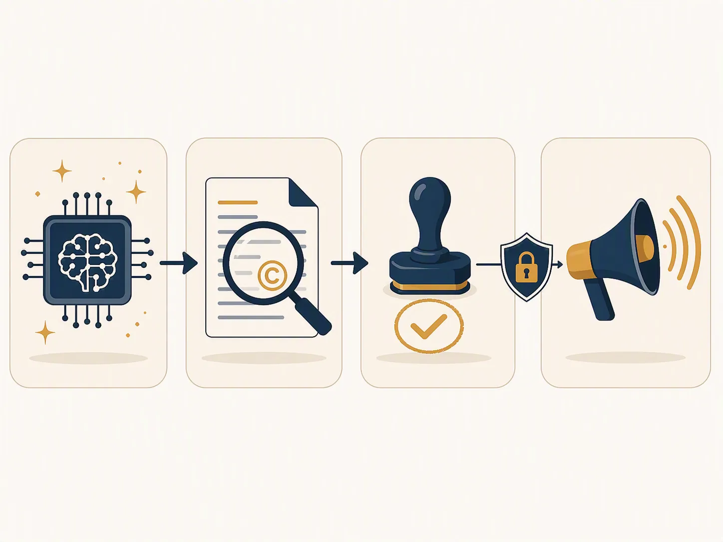 Workflow showing AI generation, copyright review, approval, and launch with a shield gate before publishing