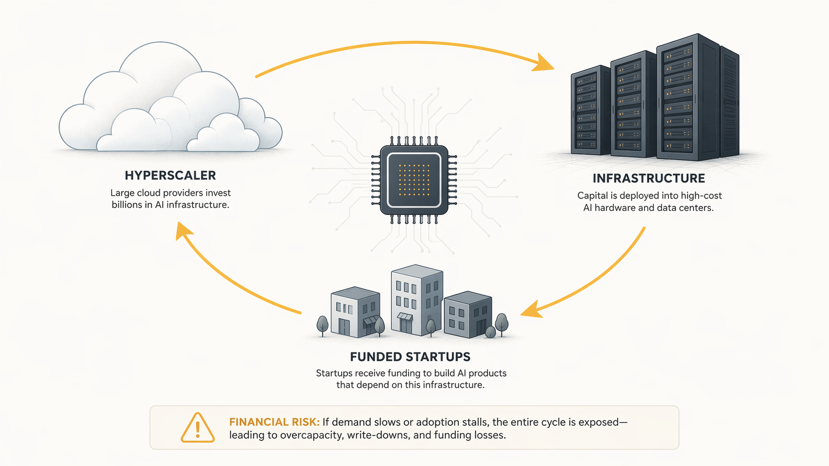 Circular flow diagram connecting hyperscalers, infrastructure, and funded startups in warning tones