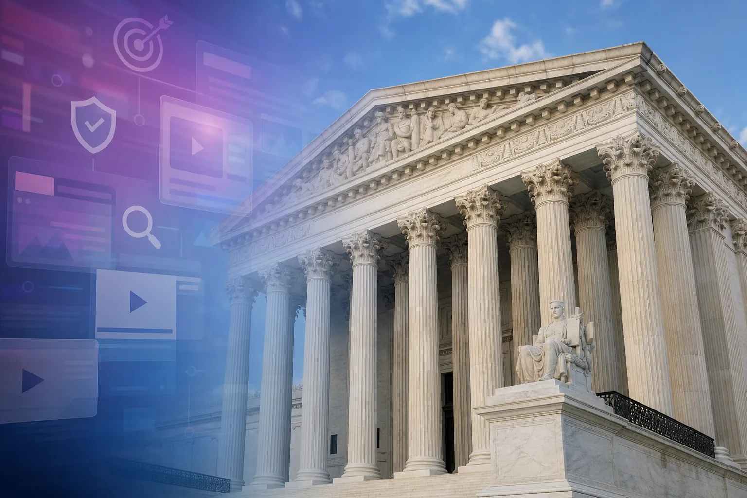US Supreme Court building with digital advertising interface overlays suggesting marketing enforcement impact
