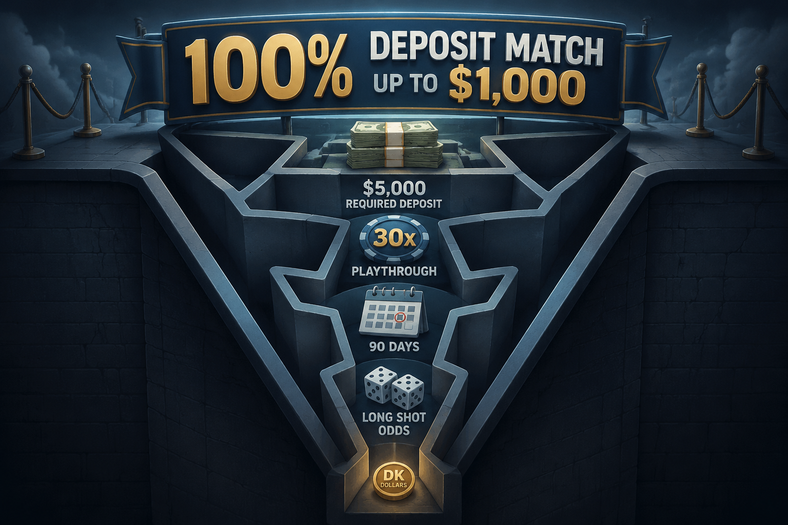 Funnel illustration showing a 100% Deposit Match offer narrowing through deposit, wagering, time limit, odds, and restricted payout requirements