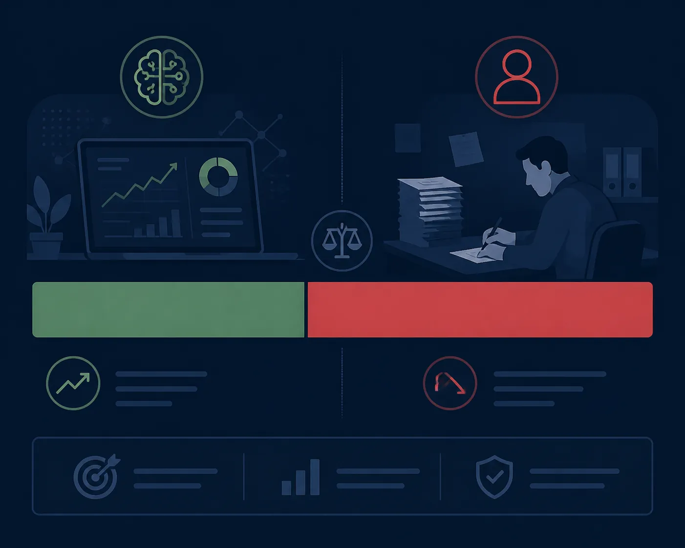 A split comparison showing automated and manual campaign outcomes with one side larger than the other