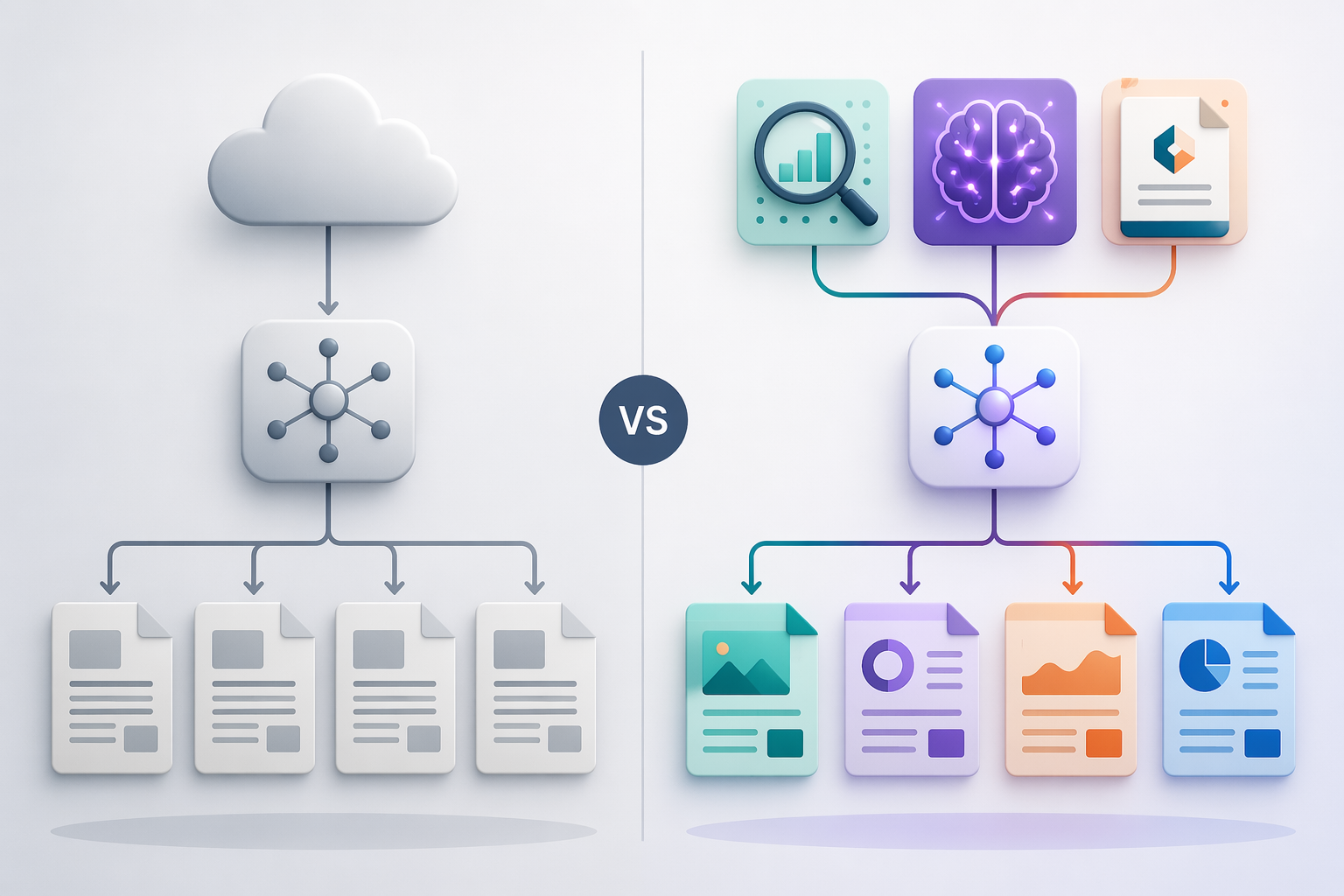 Comparison of public data alone producing generic AI documents and proprietary inputs producing distinct AI-assisted documents