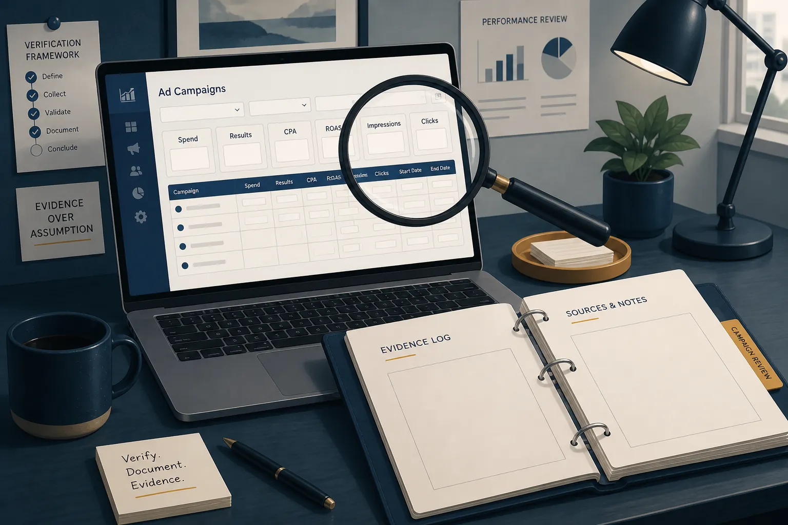 Marketing analyst reviewing an ad dashboard with empty metric panels and an evidence binder