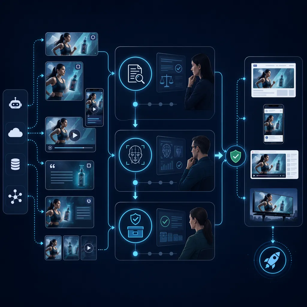 Workflow showing automated ad variants passing through claim, AI alteration, and approval checkpoints