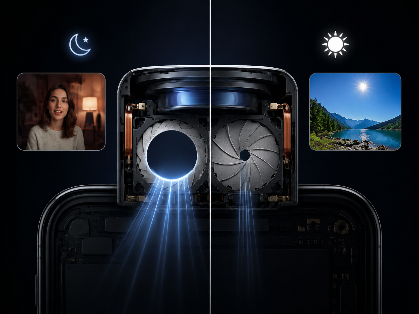 Smartphone camera lens cross-section showing open and constricted aperture blades for indoor and bright outdoor capture
