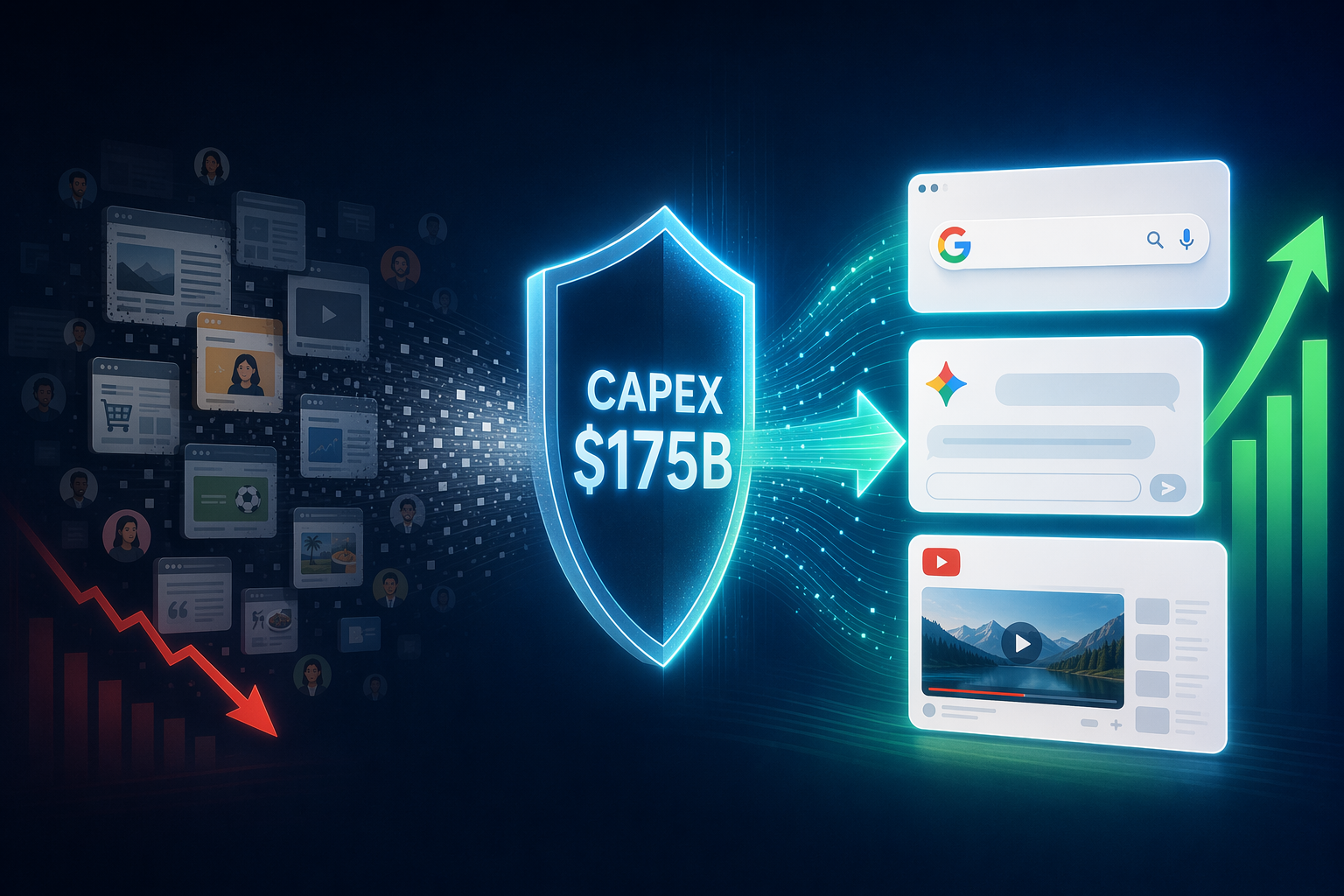 A split-screen visual showing publisher inventory shrinking while Google-owned search, AI chat, and video surfaces grow behind a CapEx gateway