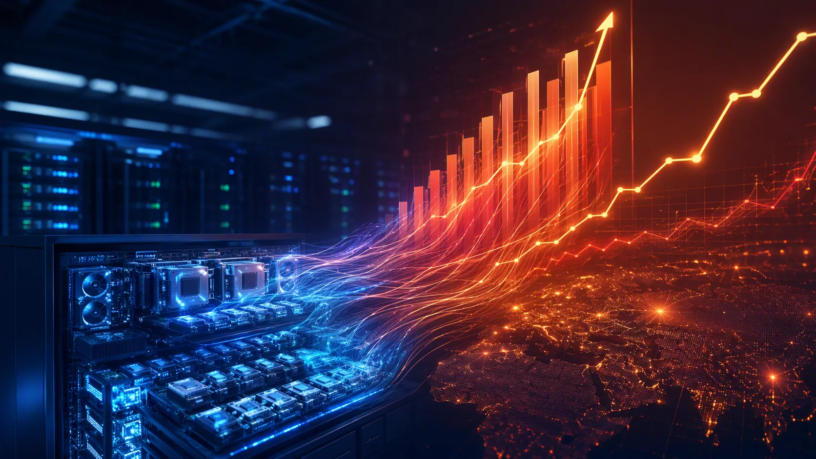 Server racks, memory chips, and AI accelerators transforming into rising CPM and CPC charts