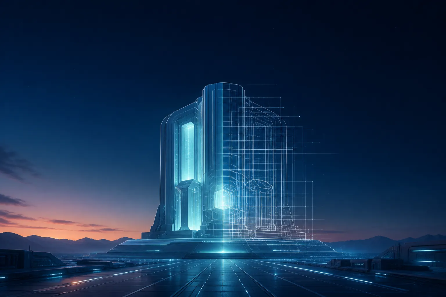 A glowing AI core structure partly fading into a wireframe blueprint, suggesting a confirmed but unreleased model family