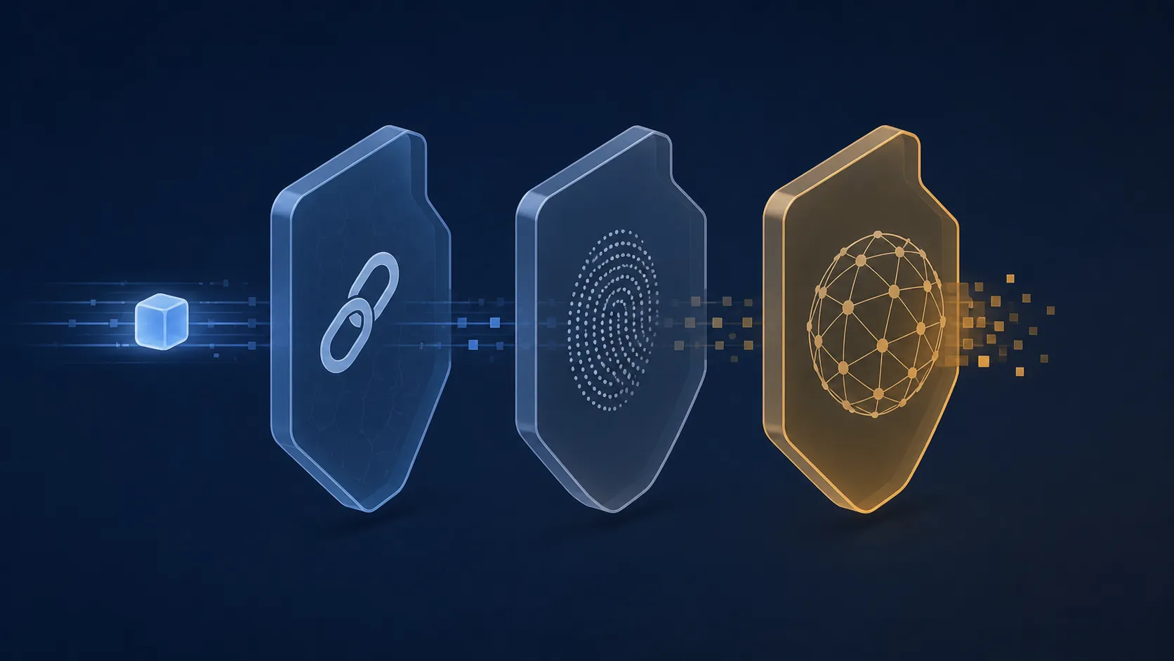 Data packet passing through linked-chain, fingerprint, and network shield gateways