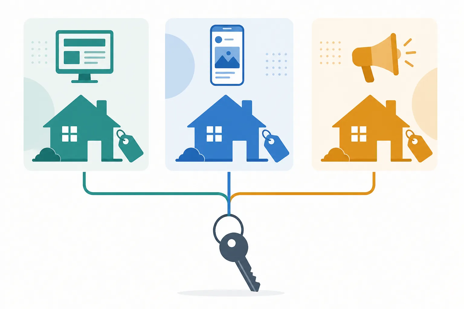 Three abstract real estate ad channel panels converging to a single house key