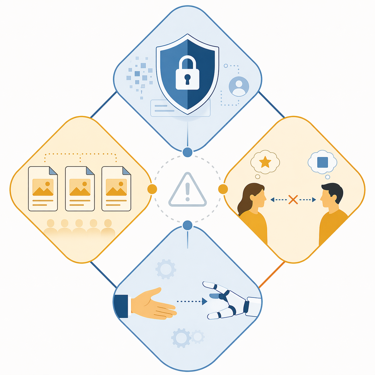 Four interconnected risk nodes for data privacy, content homogenization, automation over-reliance, and expectation mismatch