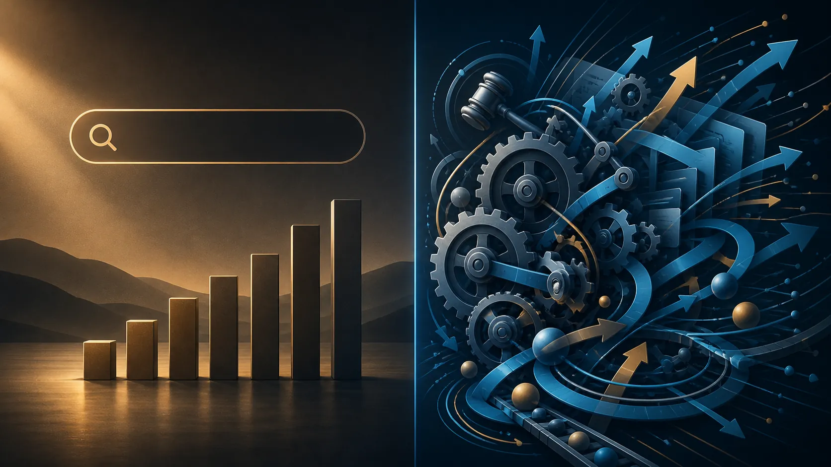 A split visual contrasting a stable search bar and chart with busy automated ad-system gears