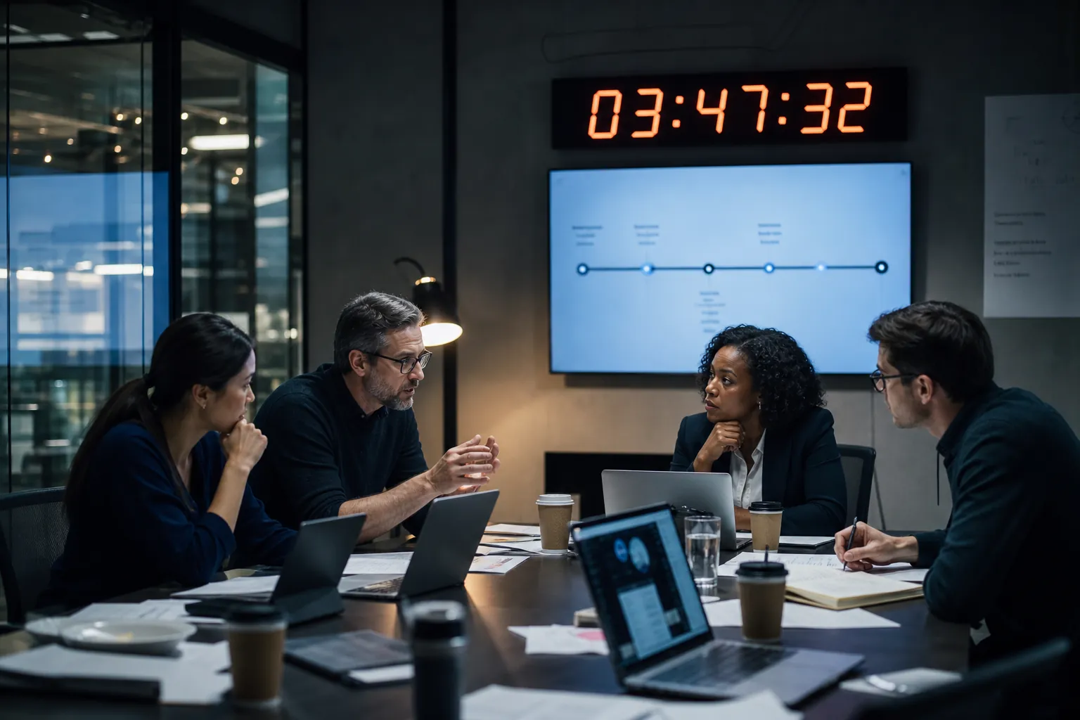 Marketing crisis war room with a countdown clock and crisis timeline on a screen