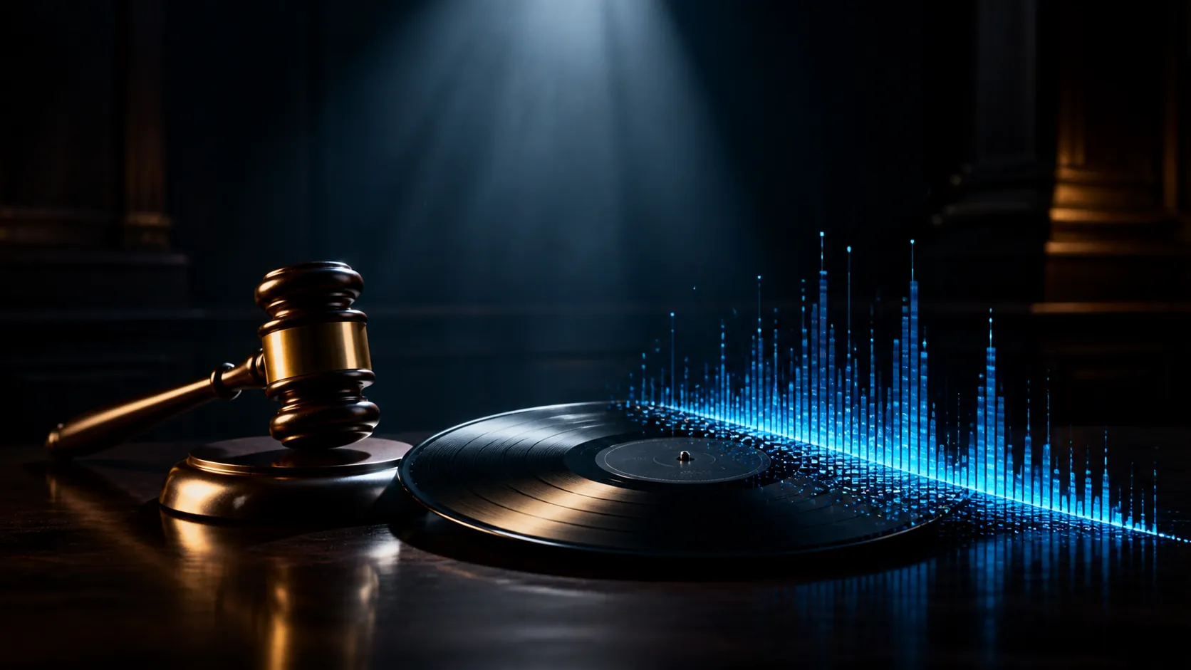 Judge's gavel beside a vinyl record dissolving into blue digital audio waveform bars