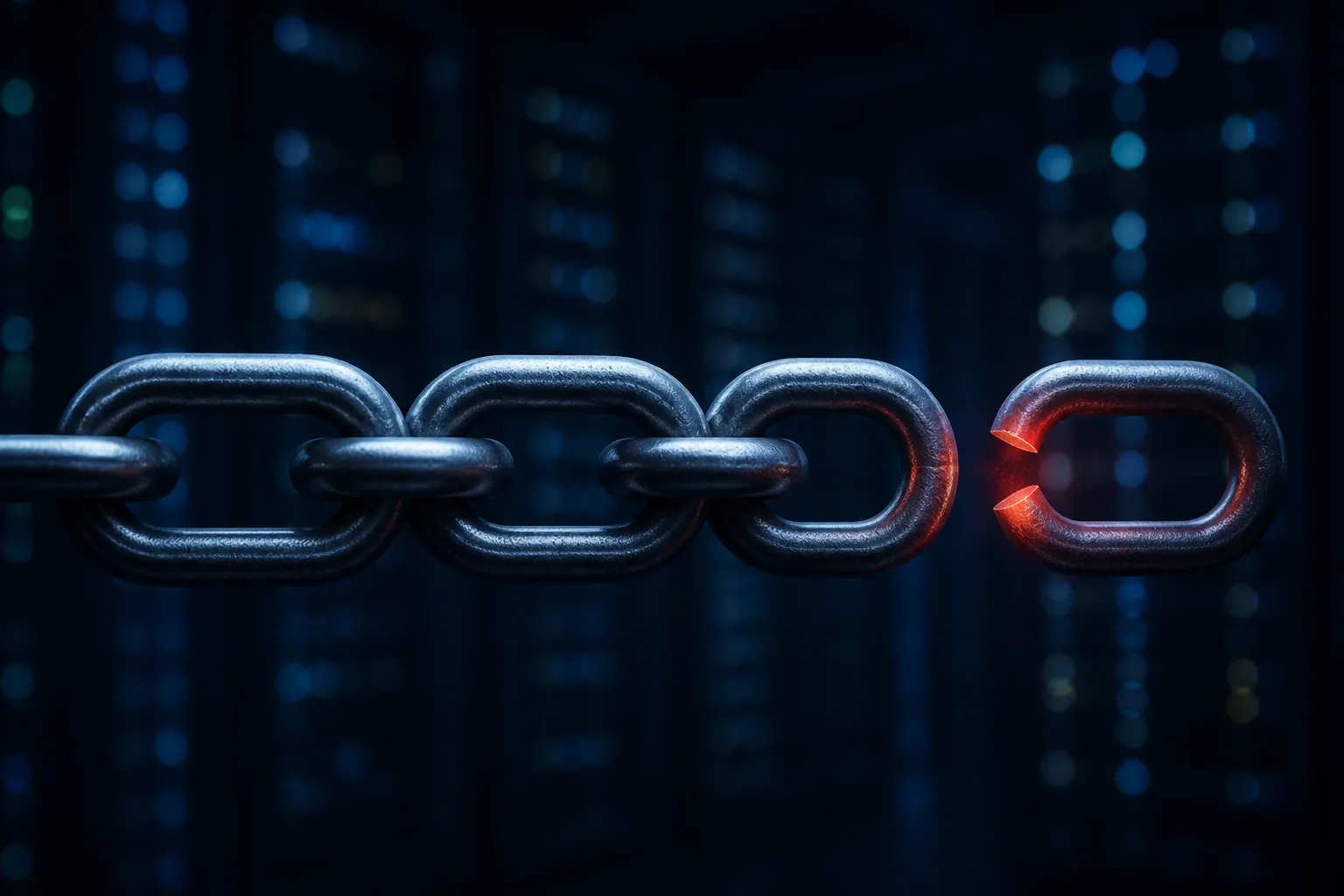 A chain with a detached final link illustrating the missing connection between data center constraints and AI advertising