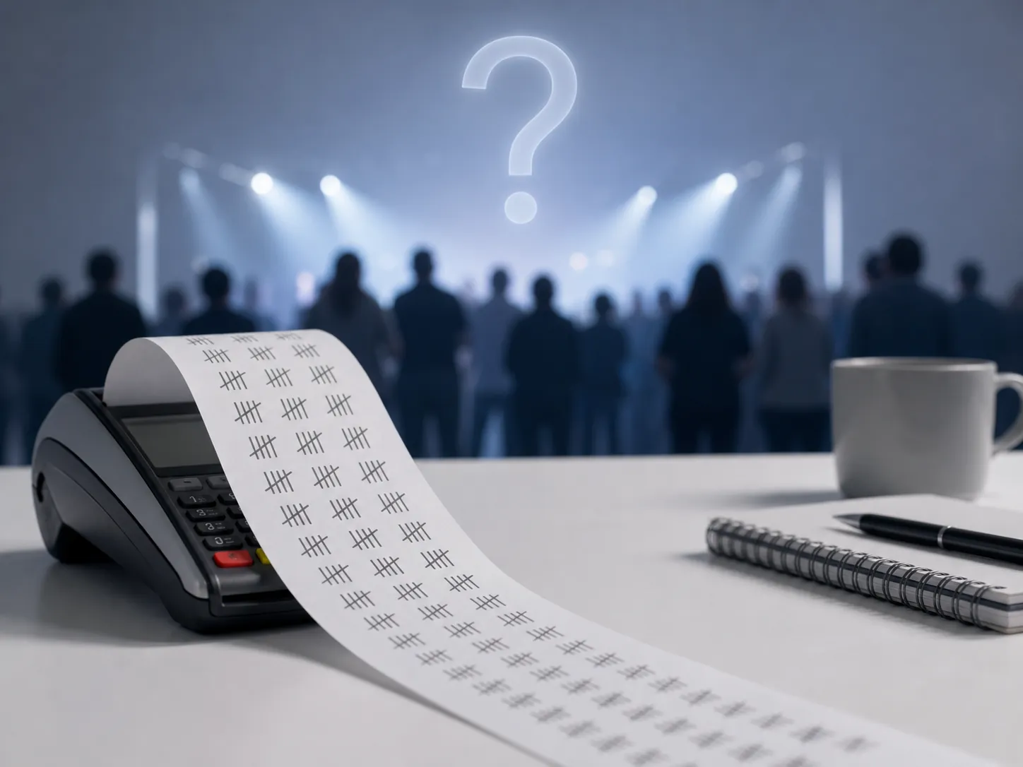Receipt unspooling from a card terminal with tally marks, a blurred event crowd, and a translucent question mark
